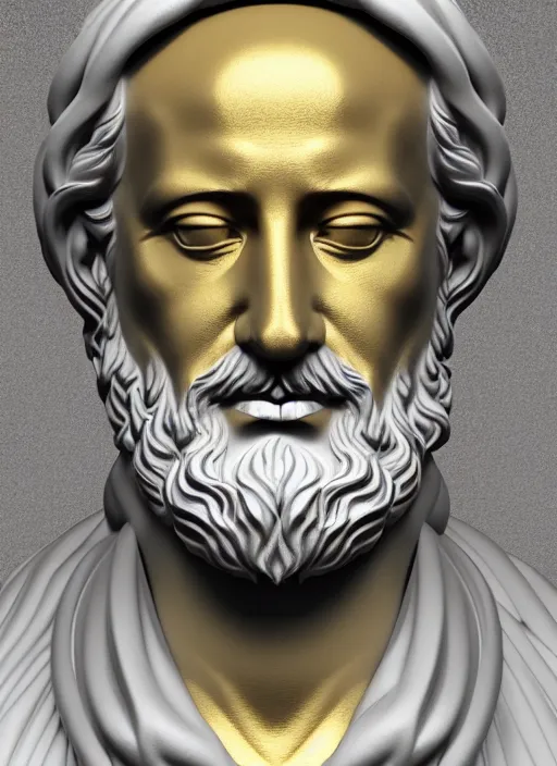 Image similar to stylized gold onyx ornate statue bust made of marble of saint peter, perfect symmetrical body, perfect symmetrical face, hyper realistic, hyper detailed, by johannen voss, by michelangelo, octane render, blender, 8 k, displayed in pure white studio room