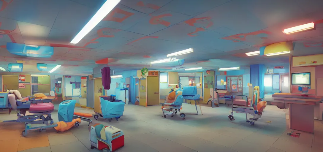 Image similar to retro hospital, colorful, 8 k photorealistic, hd, high details, trending on artstation