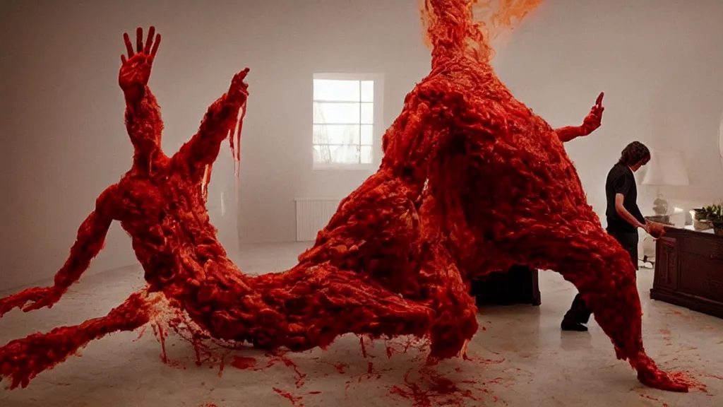 Prompt: a giant hand made of blood and fire floats through the living room holding a person, film still from the movie directed by Denis Villeneuve with art direction by Salvador Dalí, wide lens