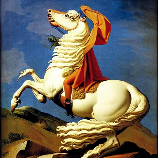 Prompt: Napoleon on a giant eagle painted by Jacques-Louis David