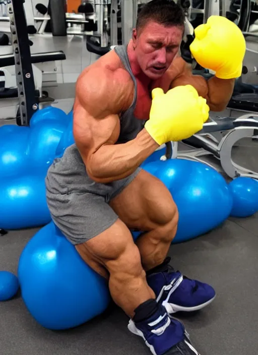 Image similar to deflating muscles, bodybuilder sprang a leak, air hole hissing, leaking air, deflate like a balloon, poked a hole in the muscles