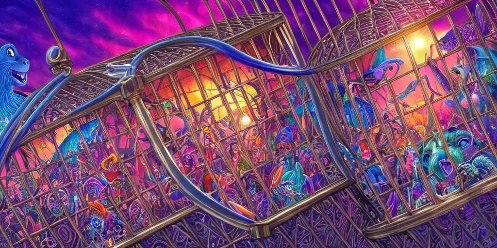 Prompt: visionary art, cages holding prisoner dora the explorer clones trapped in cages behind bars, rich geometry, precise and incredibly highly detailed intricate 8 k wallpaper, john stephens, lisa frank, intricate stunning award winning masterpiece trending on artstation