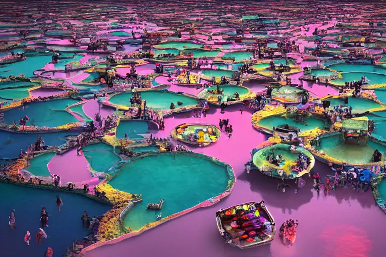 Prompt: floating markets of times square on new york on danakil depression with acid pools in grand mount roraima during sakura season on an interstellar aurora borealis, pink waterfalls, vendors, festivals, fun, by peter mohrbacher, james jean, james gilleard, greg rutkowski, vincent di fate, rule of thirds, octane render, beautiful landscape