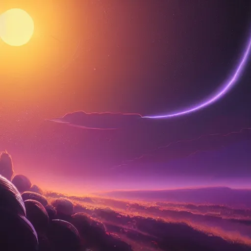 Image similar to a detailed digital painting of a earth - like planet orbiting a large purple sun in space, by alena aenami, petros afshar and greg rutkowski trending on artstation, deviantart, planet, clouds, earth, exoplanet, stars, nubulae