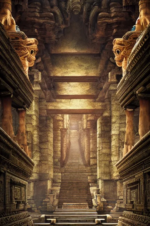 Image similar to An amazing interior of the temple of the gods of nature, intricate details, vast open interior, amazing and tall waterfalls, dramatic lighting, digital art, trending on Artstation, dark, hyper-realistic, detailed