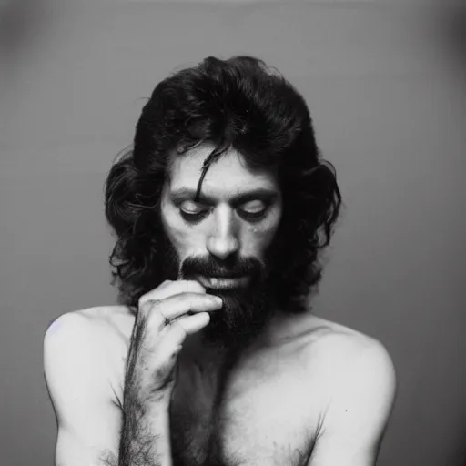 Prompt: Jesus, the lord of cannabis. Close-up studio portrait by Robert Mapplethorpe. Tri-x