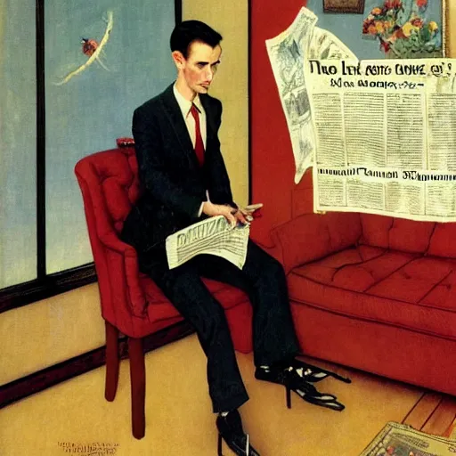 Prompt: a thin vampire wearing a suit reads a newspaper in the living room, painted by norman rockwell and tom lovell and frank schoonover