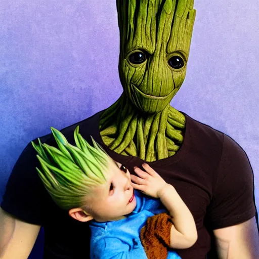 Image similar to adult Groot holding baby Groot,