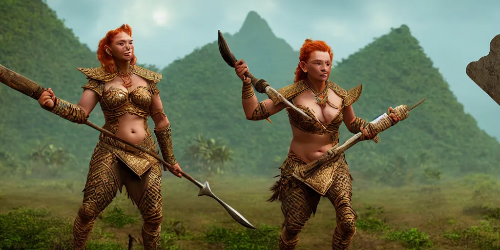 Prompt: armoured ginger dwaven women wielding a hammer and shield, jungle clearing, awesome floating mountain in the shape of a human heart. 4k realism distant landscape