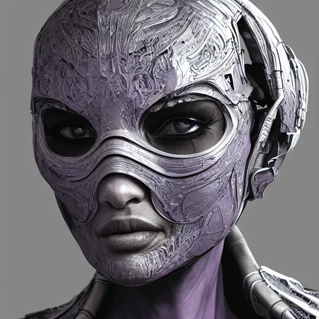 Prompt: facial portrait of a woman in powerful purple sci - fi armor with a black ponytail, elegant, stoic, intense, ultrafine hyperdetailed illustration by kim jung gi, irakli nadar, intricate linework, sharp focus, bright colors, octopath traveler, final fantasy, unreal engine 5 highly rendered, global illumination, radiant light, detailed, intricate environment