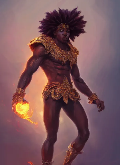 Image similar to a highly detailed illustration of attractive young african fire god with tall hair, heroic kicking pose, intricate, elegant, highly detailed, centered, digital painting, artstation, concept art, smooth, sharp focus, league of legends concept art, wlop