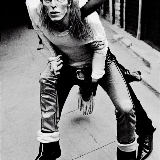 Image similar to david bowie getting a piggy back ride from ziggy stardust