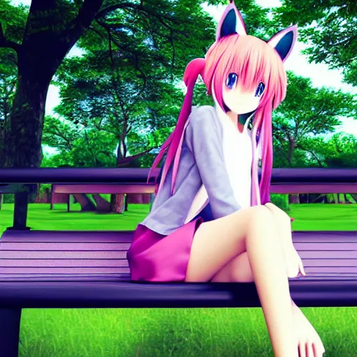 Prompt: 3 d photo of an anime girl with cat ears and long blond hair looking to her side sitting on a bench with a park behind her bokeh shader anime