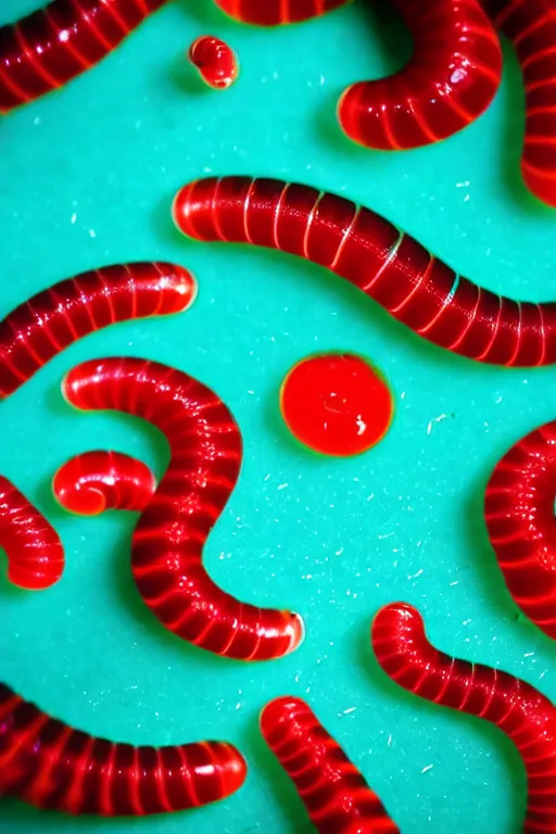 Image similar to high quality macro photo translucent gelatinous worms! gorgeous red dots highly detailed hannah yata elson peter cinematic turquoise lighting high quality low angle hd 8k sharp shallow depth of field