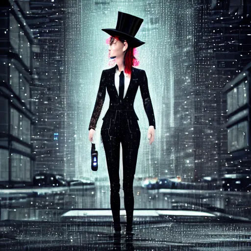 Image similar to stylish woman cartoon portrait made out of rain, pinstripe suit, top hat, cyberpunk background, rendered in octane, unreal engine, highly detailed, trending on artstation, realistic, neon, beautiful