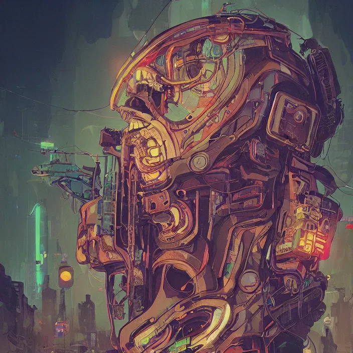 Prompt: a beautiful painting of a cyberpunk skull by simon stalenhag and pascal blanche and alphonse mucha. in style of digital art. colorful comic, film noir, symmetry, hyper detailed. octane render. trending on artstation
