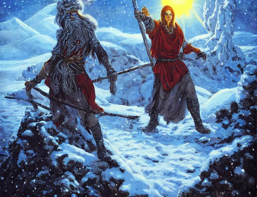 Prompt: sun priest of the snowy mountains. oil painting by underground comic book artist, chiaroscuro, intricate details, bokeh, backlighting, field of depth, safe for work