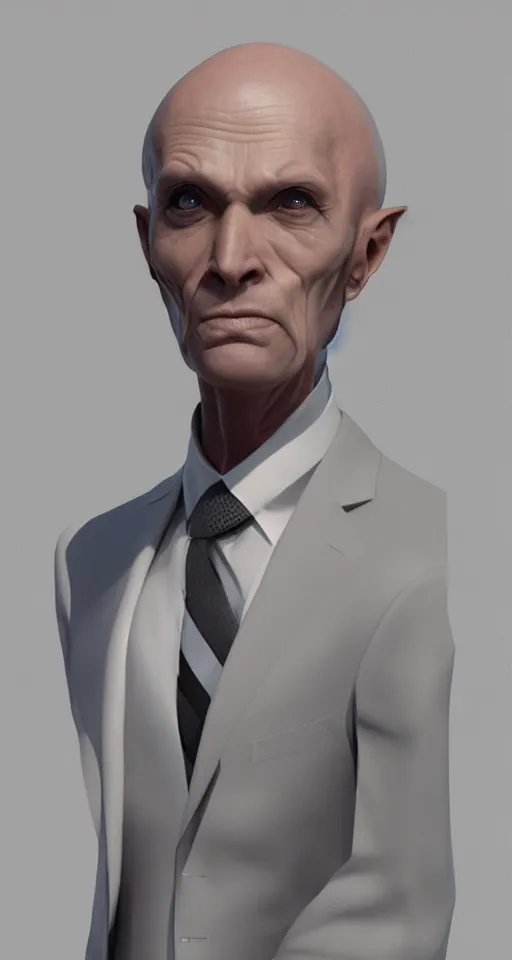 Image similar to portrait of a human like male alien wearing a suit, artstation, cgsociety