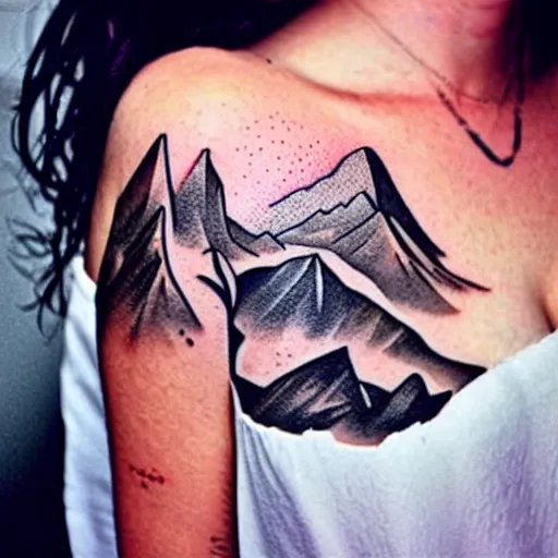 Image similar to double - exposure tattoo sketch of megan fox double - exposure with beautiful mountains, in the style of dan mountford