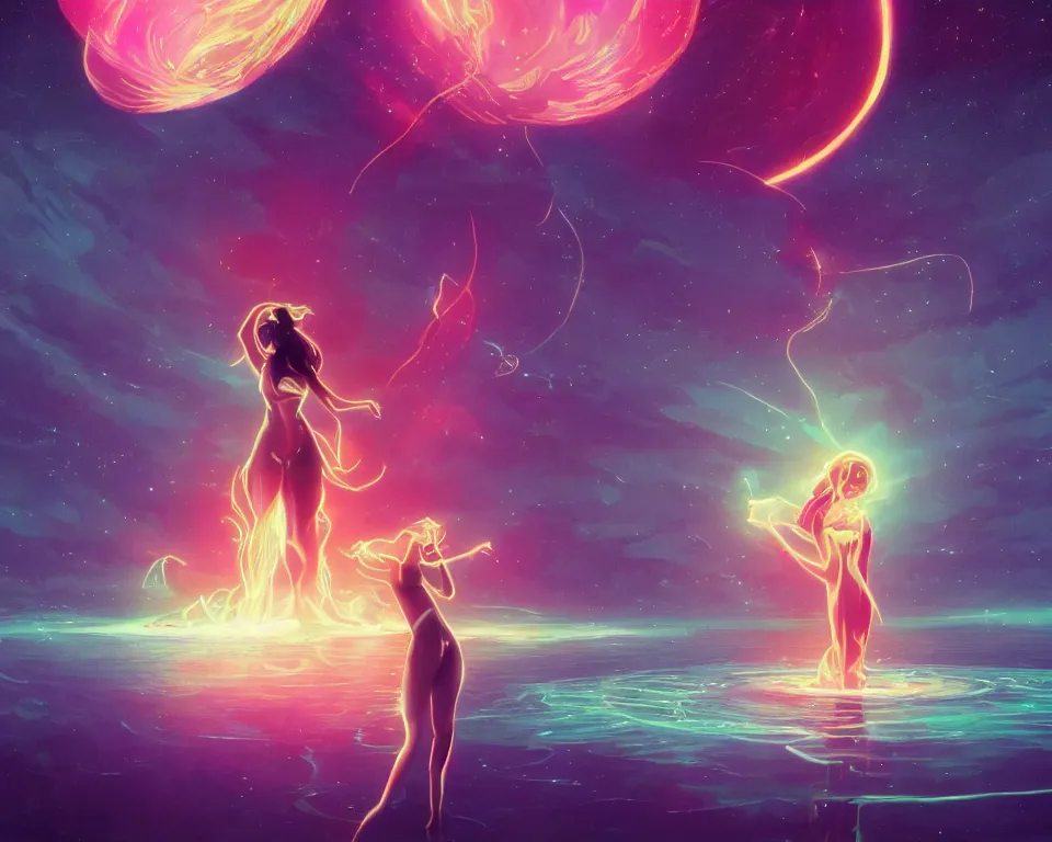 Prompt: a beautiful whimsical goddess standing on a lake basking in the moonlight, firebending, underneath a multi-colored binary blackhole with an accretion disc, glowing trails following her arms, wearing professional makeup, synthwave, by Lois van Baarle, by Greg Rutkowski, by artgerm, by beeple, by studio ghibli, cinematic angle, volumetric lighting, 4k resolution, octane render, trending on artstation, masterpiece