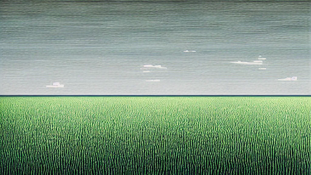 Prompt: a rice field in toyama city, japan, a collage painting, in the style of wes anderson, lola dupre, david hockney, isolated on negative white space background dark monochrome neon fluorescent spraypaint accents volumetric octane render