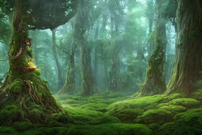 Image similar to magical forest forest, ghibli studio, cellshaded, nausicaa anime style hyper realistic, mossy tangled trees, ambient lighting, concept art, intricate, hyper detailed, smooth, dynamic volumetric lighting, octane, raytrace, cinematic, high quality, high resolution, 4 k, cgsociety, rutkowski, gurney