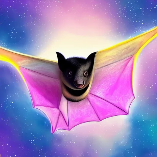 Prompt: a very cute galactic fruit bat, pastel colours, digital art, extremely realistic and detailed 4k