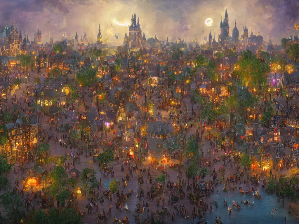 Prompt: A bustling magical town, witches and black cats are dancing around a colorful music festival near water canals, the large academy of magic and science can be seen towering in the distance, inspired by Victorian England and Amsterdam and Paris, highly detailed, digital painting, trending on artstation, matte painting