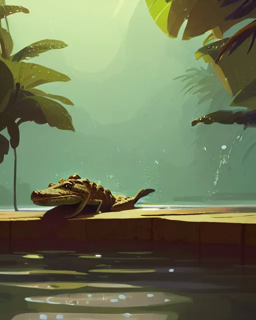 Prompt: a cute alligator taking a bath in a hot spring with lush vegetation around, cory loftis, james gilleard, atey ghailan, makoto shinkai, goro fujita, character art, rim light, exquisite lighting, clear focus, very coherent, plain background, soft painting