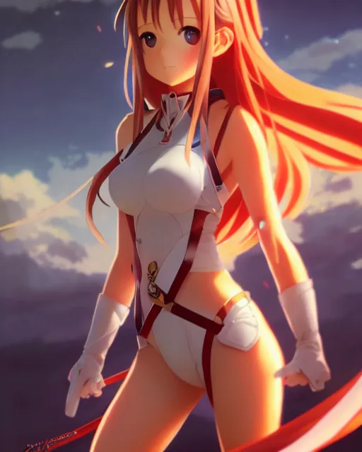 Prompt: photo of asuna from sao, asuna by a - 1 pictures, by greg rutkowski, magali villeneuve, gil elvgren, alberto vargas, earl moran,, art frahm, enoch bolles, glossy skin, pearlescent, anime, maxim magazine,