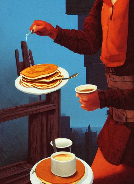 Image similar to coffee and pancakes poster artwork by Michael Whelan, clean