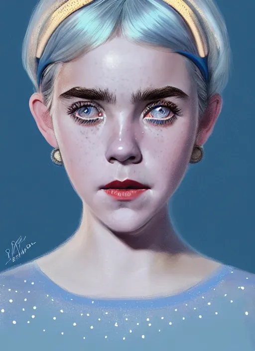 Prompt: portrait of kiernan shipka with freckles, white hair, 1 9 6 0 s bob hairstyle with bangs and hairband, blue 1 9 6 0 s dress, intricate, elegant, glowing lights, highly detailed, digital painting, artstation, concept art, smooth, sharp focus, illustration, art by wlop, mars ravelo and greg rutkowski