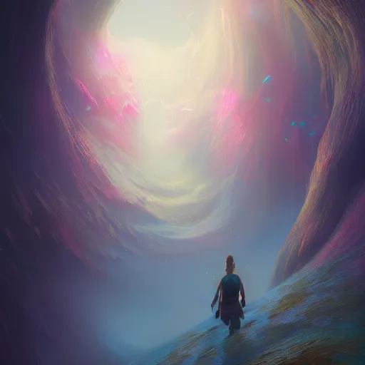 Prompt: into the unknown, sharp focus, intricate, elegant, digital painting, artstation, matte, highly detailed, concept art, illustration, volumetric lighting, gold and blue and pink color scheme, art by greg olsen and liz lemon swindle