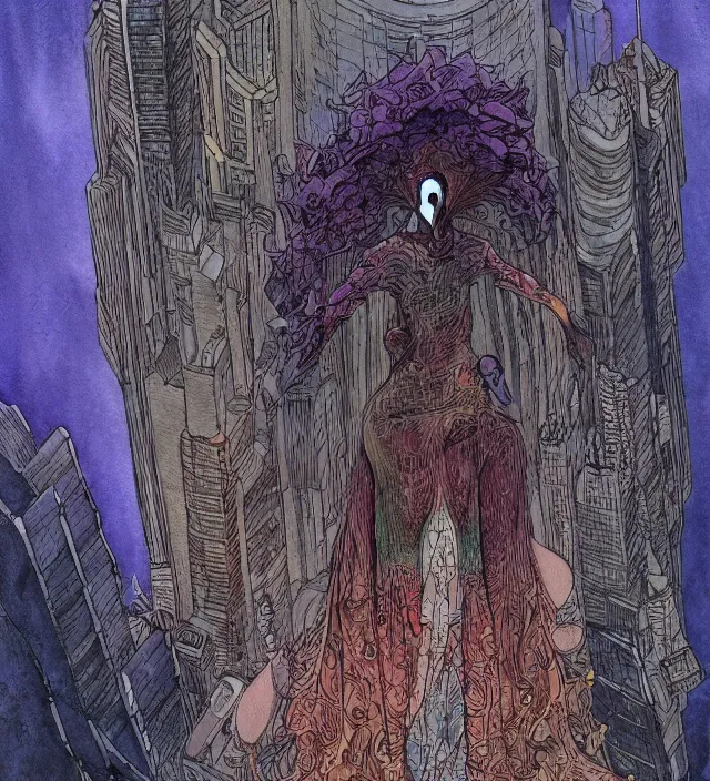 Image similar to a watercolor ink painting of the primordial eldritch goddess of fear hiding in new york in the style of jean giraud in the style of moebius trending on artstation deviantart pinterest detailed realistic hd 8 k high resolution