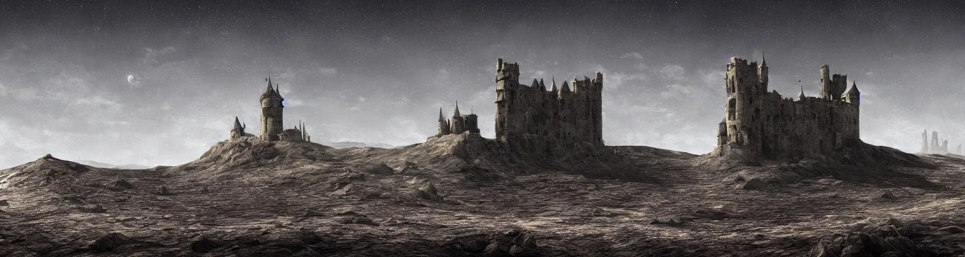 Image similar to landscape of the lunar surface with a spooky medieval castle tower on the far left, digital art