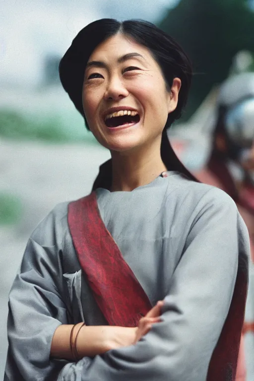 Prompt: Kodak portra 160, 8K, highly detailed, portrait,focus on smile: famous japanese artist in low budget joan of arc movie remake, epic scene