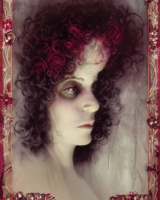 Prompt: a beautiful but sinister woman in layers of fear, with haunted eyes and curly hair, 1 9 7 0 s, seventies, floral wallpaper, delicate embellishments, a little blood, crimson, painterly, offset printing technique, by delphin enjolras