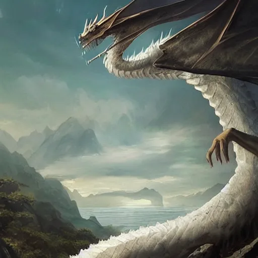 Image similar to a long white oriental dragon, landscape, by greg rutkowski, fantastic