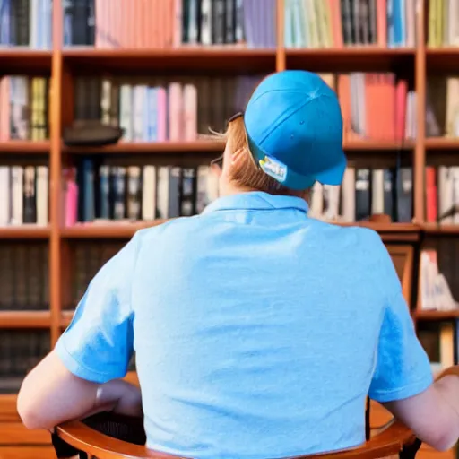 Image similar to back of short college guy with short blonde hair and a blue baseball cap sitting in a chair typing an essay on a laptop