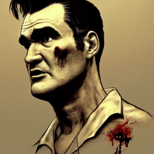 Image similar to side view of morrissey as a zombie with cuts and with a large quiff and thick eyebrows and warm brown lighting, 7 days to die zombie, realistic proportions, fine art, award winning, intricate, elegant, sharp focus, cinematic lighting, digital painting, 8 k concept art, art by brom, art by michael hussar, 8 k