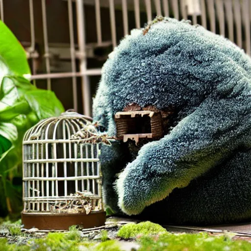 Image similar to big fluffy tardigrade in a cage, eating leaves and pellets, cute, wholesome