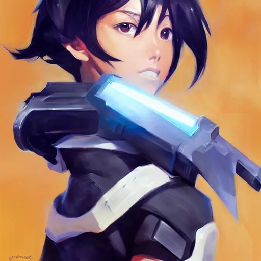 Image similar to greg manchess portrait painting of kirito as overwatch character, medium shot, asymmetrical, profile picture, organic painting, sunny day, matte painting, bold shapes, hard edges, street art, trending on artstation, by huang guangjian and gil elvgren and sachin teng