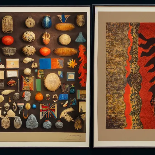 Image similar to A three color offset photography of objects on display, anthropology of wonder, exotic artifacts, abstract art, colonial expedition, catalog exhibition, 60s style