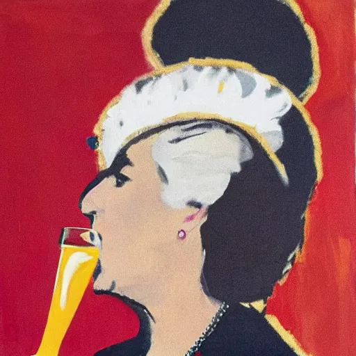 Prompt: queen of england shotgunning a beer, in the style of rothko,