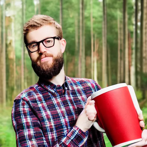 Prompt: photograph of 25 year old white man with glasses and brown beard wearing a red plaid shirt and holding a gigantic coffee mug, forest background, DSLR Photography