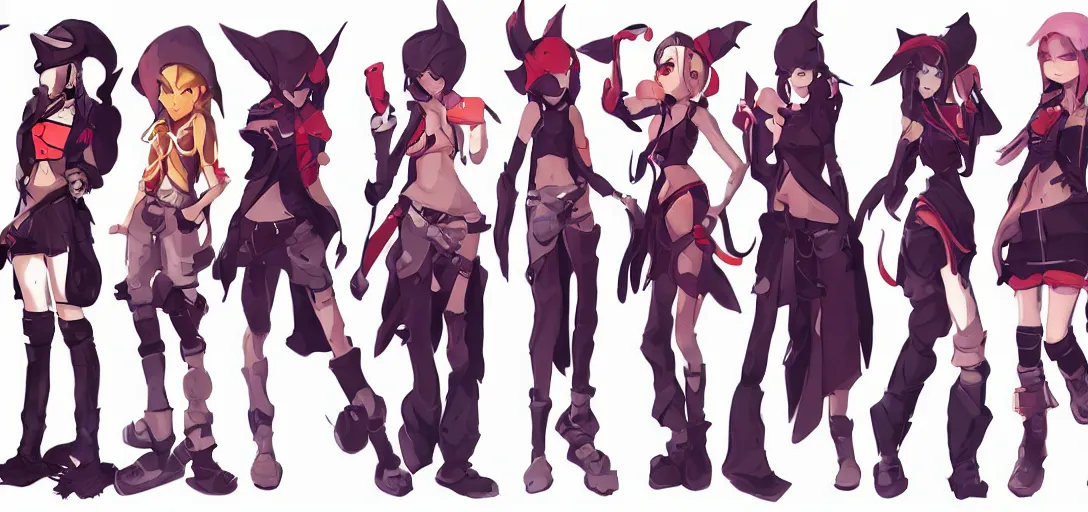 Prompt: character sheet concept art of female video game characters head designs, disgaea, flcl, hearthstone, unique silhouettes, cute casual streetwear, by marc brunet and artgerm