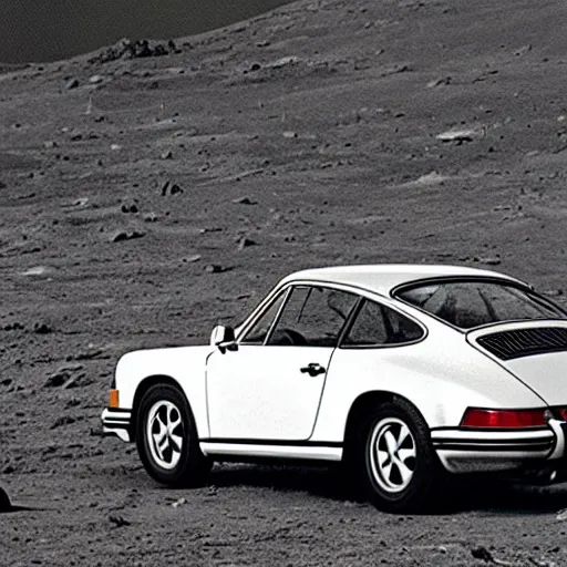 Image similar to vintage photo of a porsche 911 on the moon. apollo moon landing