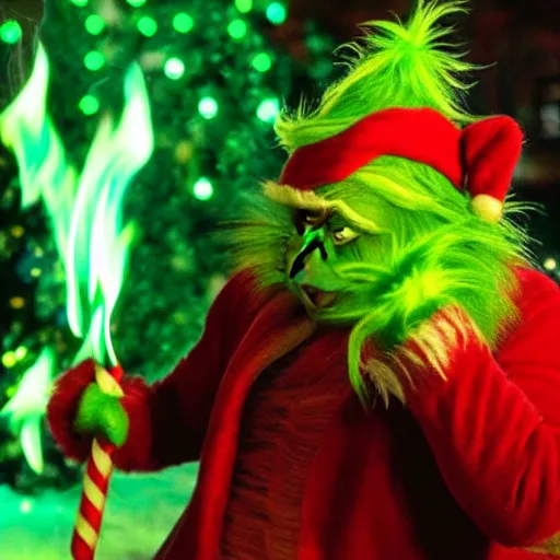 Image similar to the grinch manically laughing while an 80 ft Christmas tree burns in the background