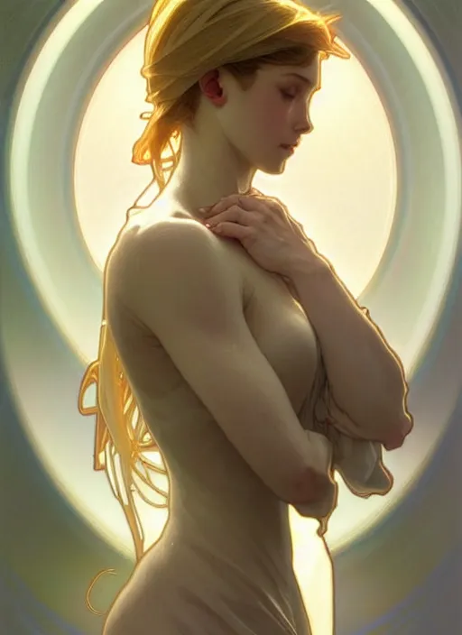 Image similar to digital character concept art by artgerm and greg rutkowski and alphonse mucha. clear portrait of a shy modern wife blessed by god to grow immaculately perfect!! blonde, in clothes! gifted holy body! light effect. hyper detailed, glowing lights!! intricate, elegant, fertility, digital painting, artstation, smooth, sharp focus