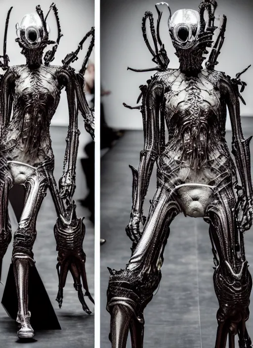 Prompt: walking down the catwalk, steven klein, h. r. giger, show, stage, vogue photo, podium, fashion show photo, historical baroque dress, iris van herpen, beautiful woman, full body shot, masterpiece, inflatable shapes, alien, predator, guyver, jellyfish, white biomechanical details, highly detailed